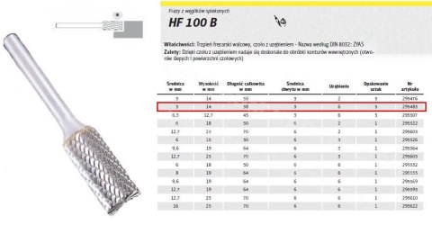 KLINGSPOR Frez do metalu Hf 100 B Fi=3,0x14mm Trzpień 3mm Typ Zyas, Walcowy